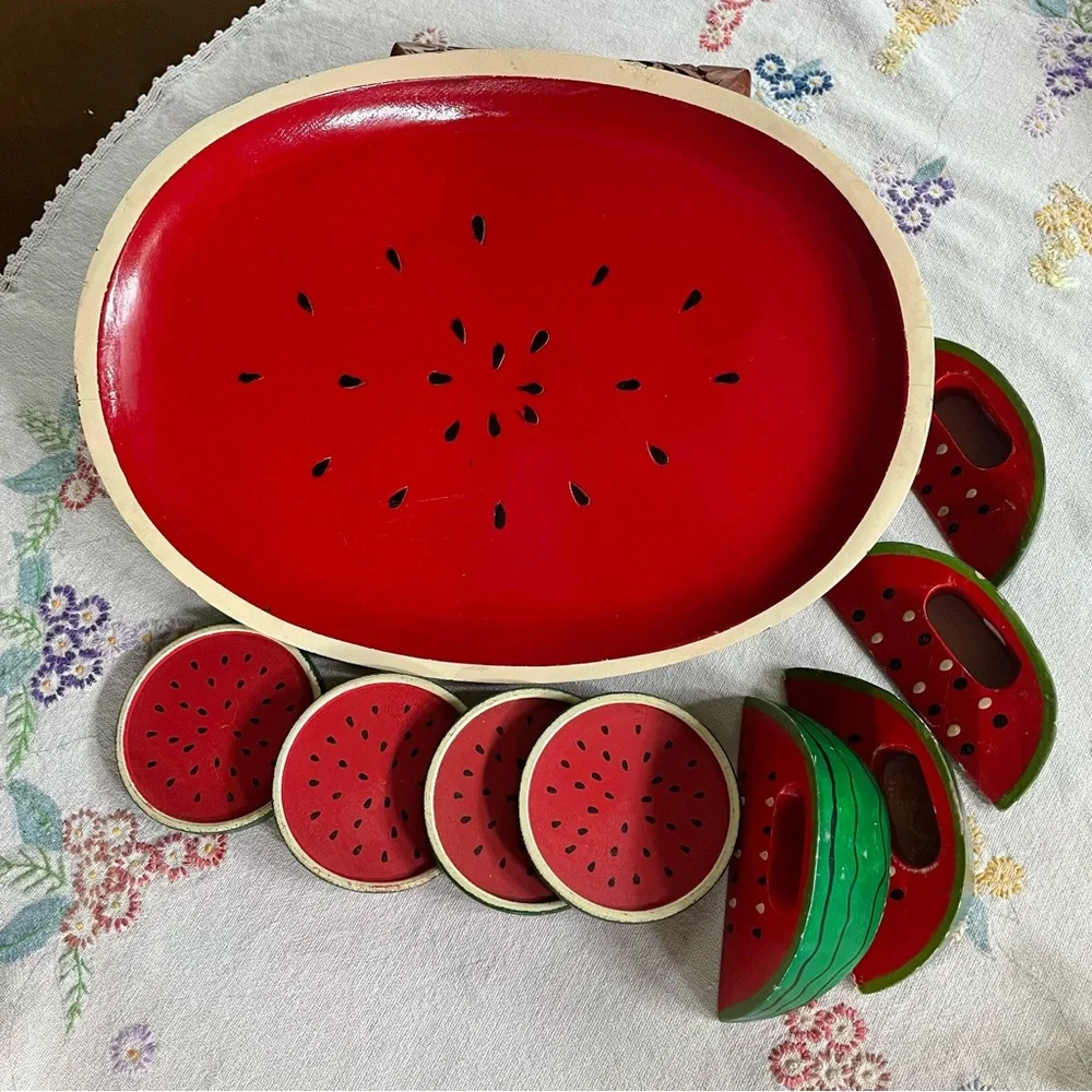 Vintage Wooden Watermelon Cocktail Tray Set. 4 Coasters & 4 Napkin Holders. 14